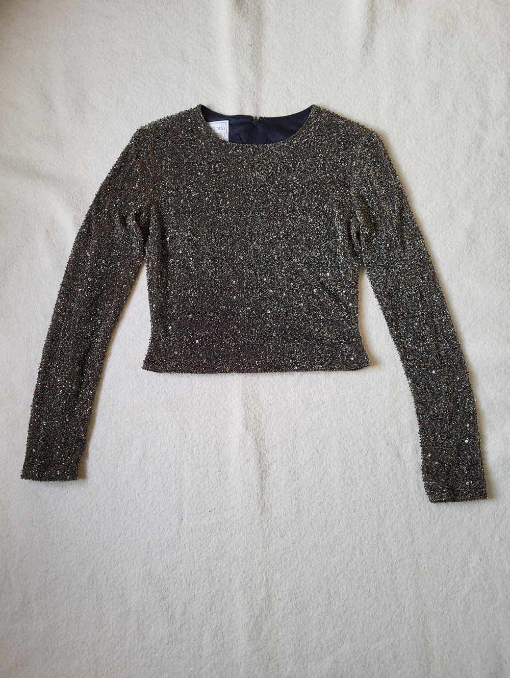 Vintage 80's Bronze Beaded Long-sleeved Cropped Blouse Size 6 Formal Wear